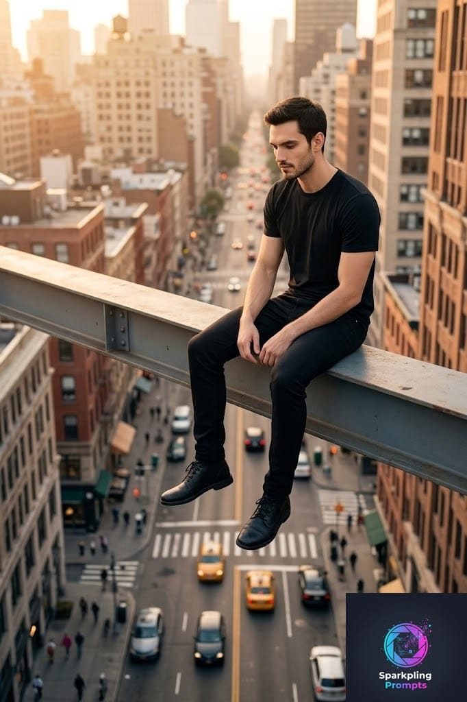 Transform the uploaded photo into a high-quality, surreal image where the subject is seated on top of a large bridge, towering over the city below. The subject should be in focus, with their distinct features (such as facial structure, hairstyle, and clothing) clearly visible. Surround the subject with a bustling city street, with cars, pedestrians, and buildings in the background appearing miniature in comparison, creating a sense of dramatic perspective. The subject should have a calm or reflective expression, with their feet dangling above the busy street. The lighting should be warm, reflecting the late afternoon or early evening, creating a soft golden glow. The scene should have a surreal, dreamlike quality, making the subject seem as though they are part of a fantastical, oversized world
