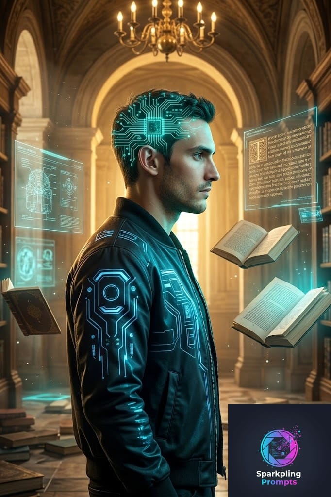 Transform a portrait of a person into a character immersed in a futuristic-ancient library setting. The character stands in profile, looking contemplative, with glowing teal circuit patterns emanating from their head, suggesting advanced intelligence or direct data interface. They wear a stylish dark bomber jacket adorned with futuristic, illuminated symbols and patterns. The setting is a grand, old-world library with towering wooden bookshelves filled with ancient texts, extending into a golden, illuminated archway in the background. Around the character, traditional books float in the air, some open with pages scattered, alongside translucent holographic interfaces displaying digital information, also in glowing teal. The floor is strewn with open books and loose pages, creating a sense of a knowledge explosion. The lighting is a dramatic blend of warm, golden light from the library and cool, ethereal teal glows from the futuristic elements, creating a captivating contrast between the past and the future. Emphasize a photorealistic, high-detail rendering that blends historical grandeur with cutting-edge technology, evoking a sense of profound intellectual exploration