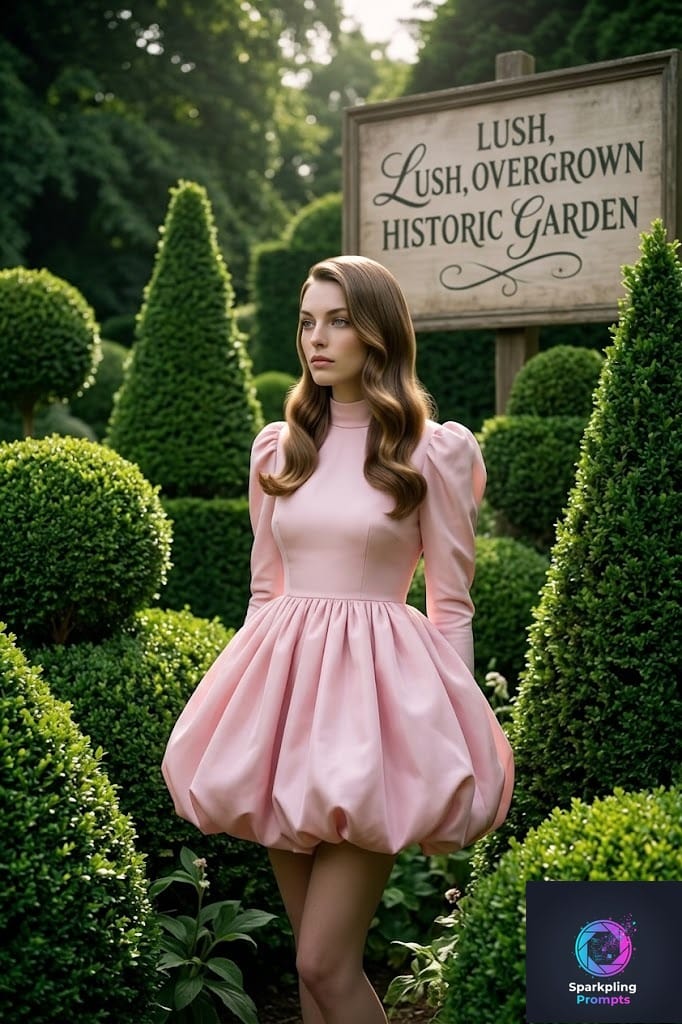 Nature Landscape young, slender female model stands gracefully in a lush, overgrown historic garden, surrounded by meticulously trimmed geometric topiary and vibrant green foliage, creating a surreal and poetic atmosphere. The model should have sleek, long shiny hair styled in glamorous Hollywood waves, embodying the refined elegance of Old Money fashion. Her expression should be slightly cool and distant, with her gaze directed away from the camera, adding a sense of mystery and detachment. She is dressed in a luxury pastel pink mini dress with a high neckline, soft sleeves, and a voluminous balloon skirt that drapes elegantly. The lighting should be dramatic yet soft, with cinematic contrasts that highlight the texture of the dress, the soft sheen of her hair, and the intricate details of the garden. The background should feature an expansive garden with various lush greens. The scene should evoke the style of Tim Walker's whimsical yet aristocratic fashion photography, blending surrealism with elegant, formal aesthetics. The image should be ultra-detailed, shot in high-resolution 8k, with sharp focus, atmospheric lighting, and cinematic quality