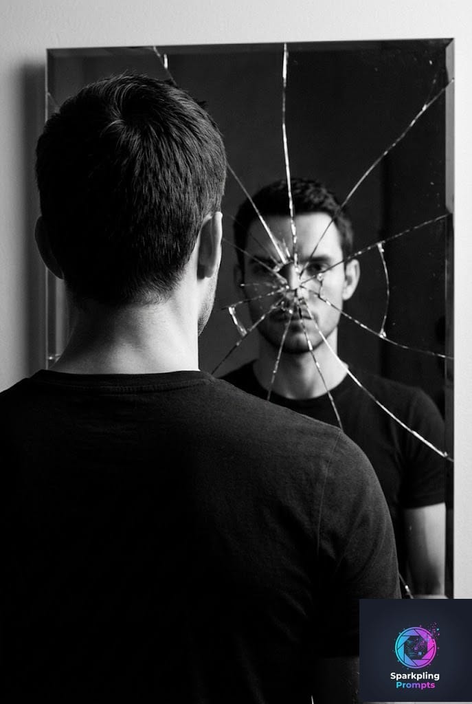 Fantasy SCi-fi Create a hyper-realistic black-and-white portrait of a man seen from behind, gazing at a broken mirror. His reflection should be fragmented through the cracks of the mirror, with the broken pieces centered on his face. The man should be wearing a dark t-shirt, and his hair should be short and styled neatly. The image should have high-contrast lighting, with intense shadows that create a dramatic and introspective atmosphere. The photograph should have an editorial, artistic style with a soft focus and minimal depth of field. The composition should be vertical, emphasizing the man’s posture and the fragmented reflection in the mirror