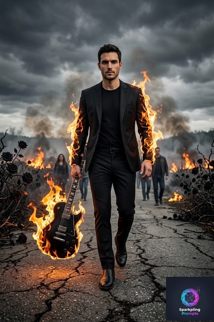 Fantasy SCi-fi A dynamic, full-body portrait of the uploaded image individual, walking confidently forward with a determined and charismatic expression. They are dressed in a sharp, all-black suit: a well-fitted blazer, a black t-shirt or dress shirt underneath, black trousers, and dark, stylish boots. The individual is holding a black electric guitar casually in one hand, trailing on the ground as if just finished with a performance. Crucially, both the guitar and the individual's arms (sleeves of the blazer) are engulfed in intense, realistic flames, appearing vibrant orange and yellow, casting dynamic light and shadows. The setting is a desolate, cracked asphalt road or path, with visible debris and embers. Along the sides of the road, on slightly elevated ground, are dark, twisted bushes or vines adorned with surreal black roses. Behind these, lush green foliage is partially obscured by smoke and a brooding, dark sky filled with heavy clouds, suggesting an impending storm or a recent cataclysm. The background is also alight with various small fires, creating a chaotic and dramatic atmosphere. The lighting is heavily influenced by the flames, casting a warm, fiery glow that contrasts with the dark suit and moody sky. The overall aesthetic is rebellious, powerful, and edgy, reminiscent of a rock music album cover or a dark fantasy scene. Shot with a wide-angle lens from a low perspective, ultra-realistic detail, and explosive special effects