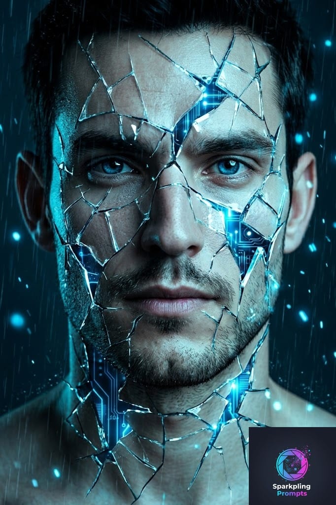 Generate an intense and dramatic close-up portrait of a person (from the input image) with a shattered, broken-glass effect applied to their face and skin, revealing glowing blue light or circuitry beneath the cracks. The cracks should be intricate and realistic, with sharp, reflective shards. The subject's eyes should be a striking blue, conveying a sense of intensity or vulnerability. The lighting should be dark and moody, with cool blue and cyan tones illuminating the face, particularly from within the cracks, and casting dramatic shadows. Small, ethereal blue light particles or rain streaks should be subtly present in the background, adding to the melancholic or futuristic atmosphere. Focus on hyper-realistic textures for both skin and shattered glass, high detail, and a cinematic, emotionally resonant composition