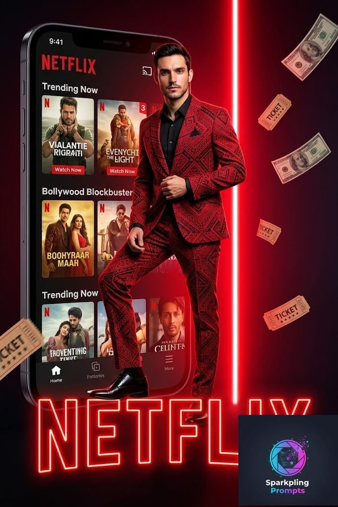 A dynamic promotional poster featuring an individual confidently posing in a stylish red suit with intricate black patterns, a dark shirt, and black dress shoes. They stand atop a glowing red neon 'NETFLIX' logo. Behind them, a large, stylized smartphone or tablet screen displays the Netflix interface with various movie and show thumbnails, prominently featuring 'Trending Now' and 'Bollywood Blockbusters' sections. A bright, vertical neon light streak runs through the scene, and scattered movie tickets or dollar bills float around, adding to the promotional flair. The overall style is highly polished, cinematic, and vibrant, emphasizing dramatic neon lighting, rich reds, and a modern, high-tech entertainment vibe, perfect for a digital media campaign