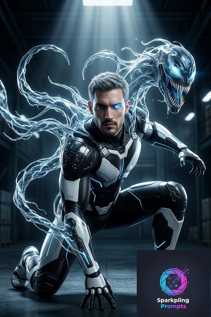 A cinematic, ultra-realistic sci-fi action scene inside a dark, futuristic warehouse. A man, who bears the likeness of the individual in the provided photo, is crouching in a dramatic superhero pose. He has short gray hair and a neat beard, and his right eye is glowing with blue energy. He wears a sleek, advanced black and white combat suit with cybernetic armor plates and shimmering technological details, integrated with blue energy lines. A translucent, terrifying alien symbiote, made of swirling liquid energy, emerges from his back and shoulder, with multiple fluttering electric tentacles that envelop him and form a distinct head with sharp teeth and glowing blue eyes. Dramatic contour lighting, volumetric light beams from above, high contrast, hyper-detailed skin texture, cinematic depth of field, ultra-sharp focus, photorealism, 8K resolution, sci-fi and fantasy concept art, movie poster quality. All text and watermarks from the original image are removed