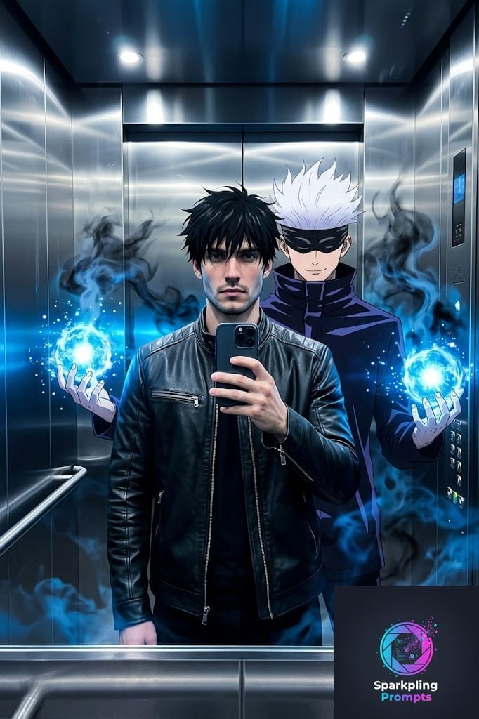 Create an ultra-realistic mirror selfie scene inside a modern elevator, featuring the likeness of the uploaded person as the main subject. The person is a real human male with messy black hair, wearing a black leather jacket and black pants, holding a smartphone to take the selfie. Standing directly behind him is Gojo Satoru from Jujutsu Kaisen in his signature original anime style: tall, slim build, spiky white hair, wearing a black blindfold and a high-collar black outfit. His expression is calm and confident. Add glowing blue cursed energy spheres emanating from the hands, with a swirling luminous blue aura and subtle particle effects. The blue light from the energy should cast realistic reflections on both figures and the metallic elevator walls. Surround the figures with semi-transparent dark smoke infused with blue highlights. The atmosphere is dark, cinematic, and high-contrast with a mysterious supernatural mood. Sharp 4K quality, blending high-end anime aesthetics with photorealistic real-world details