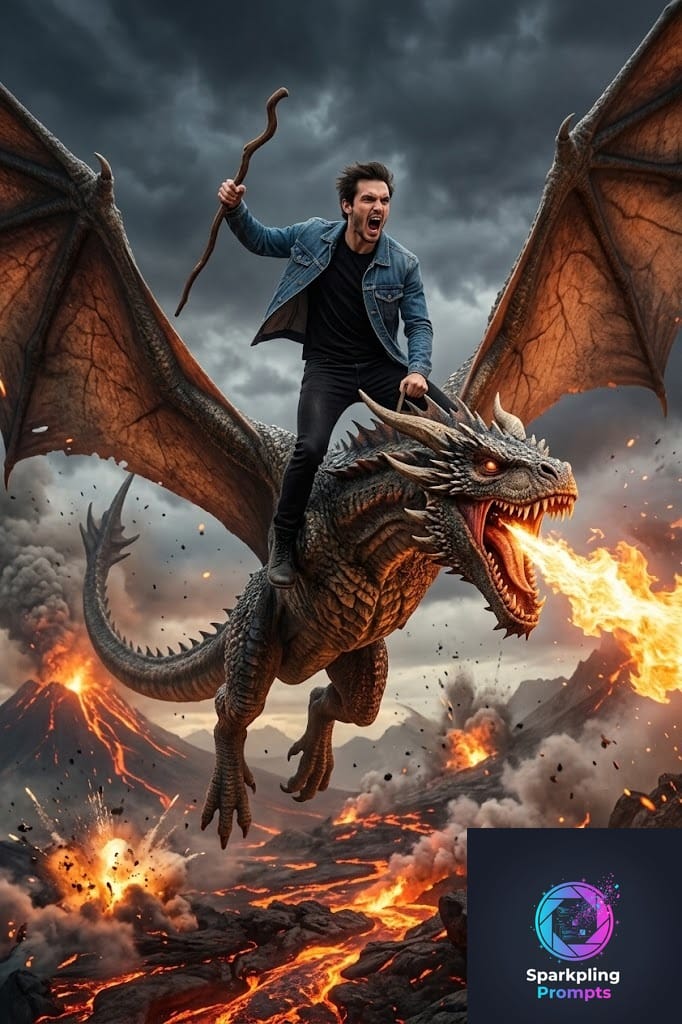 A hyper-realistic cinematic scene of a young human man riding a massive flying dragon mid-air, with the man featuring the likeness of the uploaded person. The man is wearing a blue denim jacket, black t-shirt, black jeans, and black boots, standing aggressively on the dragon's neck, mouth open shouting, holding a curved wooden staff raised in one hand. Wind-blown hair and intense expression. The dragon is roaring with mouth open, sharp teeth visible, large wings spread wide, detailed scales, and battle-worn textures. The setting is a chaotic, detailed volcanic landscape below with rivers of fire, lava, smoke, ash clouds, and glowing embers. Dramatic fire-and-ash lighting, warm orange glow and dark stormy sky. Epic fantasy movie poster style, ultra-realistic, cinematic, high detail.