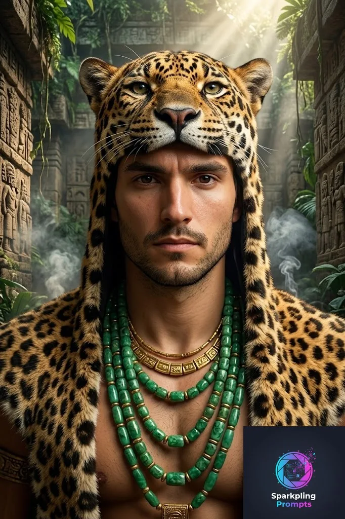 An awe-inspiring, hyper-detailed portrait of [YOUR_SUBJECT] as an Elite Aztec Jaguar Commander in the heart of ancient Tenochtitlan. Adorned in a highly authentic, textured jaguar pelt with polished, glowing jade and solid gold ceremonial necklaces. Standing inside a massive stone temple overgrown with dense, vibrant jungle foliage. Piercing shafts of midday tropical sunlight cutting through thick, swirling incense smoke, highlighting the micro-textures of the fur and ancient stone carvings. Photorealistic, National Geographic documentary style, incredibly rich color palette, 8k.