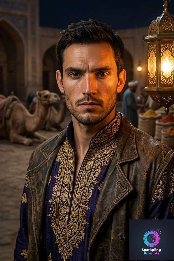A cinematic portrait of [YOUR_SUBJECT] as a legendary ancient Silk Road Caravan Master. Wearing heavily embroidered Persian silk robes in deep indigo and gold thread, layered with a weathered leather traveling cloak. Standing in a bustling ancient desert caravanserai at night. Warm, glowing light from ornate brass lanterns casting dramatic, highly detailed shadows on the face. Exotic spices and resting camels softly blurred in the background. Shot on 85mm lens, f/1.8, photorealistic, intricate fabric textures, 8k resolution, National Geographic historical portrait style.