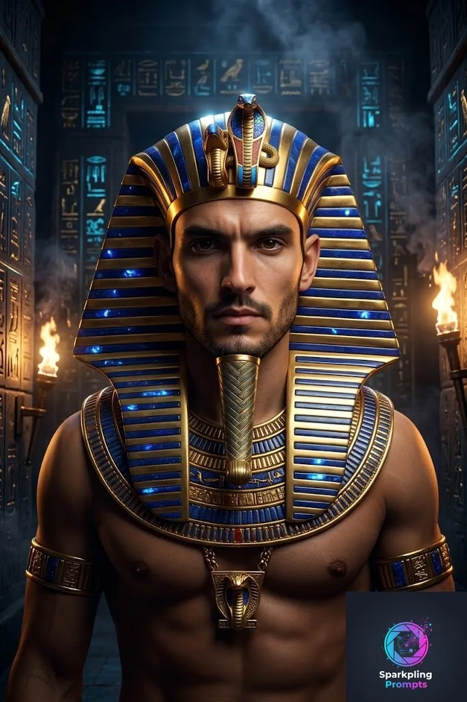 Cinematic close-up portrait of [SUBJECT] as a powerful Ancient Egyptian Pharaoh, wearing a majestic golden Nemes headdress with glowing lapis lazuli accents. Standing inside a monumental temple covered in glowing hieroglyphics, illuminated by flickering torches. Highly detailed facial features, volumetric smoke, photorealistic, 8k resolution, dramatic rim lighting, masterpiece, hyper-realistic textur