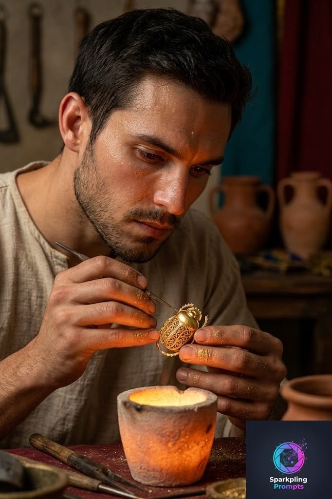 Intimate, focused portrait of [SUBJECT] as a master Egyptian artisan crafting a golden scarab. Warm, glowing light from a small furnace illuminating the face. Macro details on the gold and the artisan's hands and face, hyper-realistic, cinematic lighting, 8k, rich colors