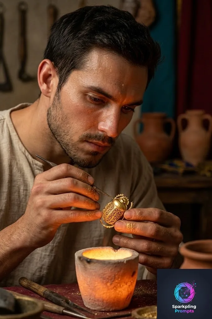 Intimate, focused portrait of [SUBJECT] as a master Egyptian artisan crafting a golden scarab. Warm, glowing light from a small furnace illuminating the face. Macro details on the gold and the artisan's hands and face, hyper-realistic, cinematic lighting, 8k, rich colors