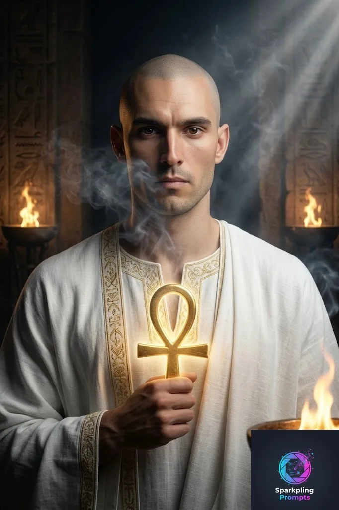 Mystical portrait of [SUBJECT] as an Ancient Egyptian High Priest, wearing a pure white linen robe and a shaved head, holding a golden ankh. Standing in a dark sanctuary illuminated only by glowing incense braziers. Volumetric lighting, smoke swirling around the face, hyper-realistic, highly detailed eyes, 8k, spiritual atmosphere