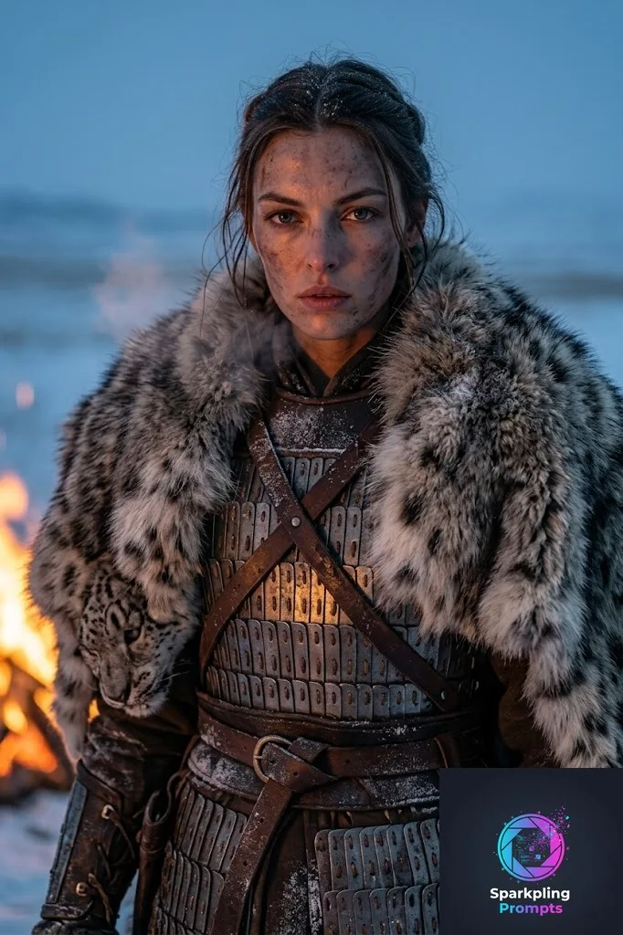 A raw, gritty, and fiercely majestic portrait of [YOUR_SUBJECT] as a supreme Khan of the Golden Horde. Dressed in thick, battle-worn lamellar armor laced with leather, layered under a massive, heavy snow-leopard fur mantle. The background is the vast, unforgiving Mongolian steppe during a harsh, freezing dusk. A massive bonfire out of frame casts harsh, warm, flickering orange light across the armor, contrasting perfectly with the freezing blue ambient light of the snow. Visible breath in the freezing air, hyper-realistic soot and frost micro-details, 8k, cinematic grit.