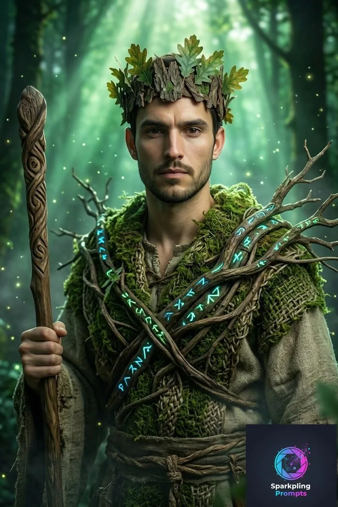 Ethereal portrait of [SUBJECT] as an ancient Celtic Druid. Wearing robes made of woven moss and rough linen, with an intricate crown of intertwined oak branches and glowing runes. Standing in a dense, magical ancient forest. Rays of mystical green light filtering through the trees, highly detailed, photorealistic fantasy, 8k.