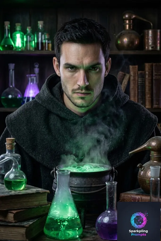 Mystical portrait of [SUBJECT] as a brilliant medieval Alchemist. Surrounded by glowing glass vials, ancient leather-bound books, and a bubbling cauldron. Wearing a dark, textured robe. Face illuminated by the eerie green and purple glow of chemical reactions. Macro details on the glass and skin, hyper-realistic, highly atmospheric.