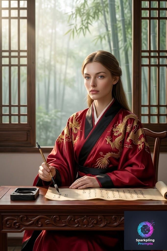 A serene, highly detailed portrait of [YOUR_SUBJECT] as an Elite Imperial Scholar of the Ming Dynasty. Dressed in luxurious, flowing silk Hanfu robes in crimson and black with incredibly detailed golden dragon embroidery. Sitting at a carved mahogany desk with ancient parchment, an inkstone, and a calligraphy brush. Soft, ethereal morning sunlight filtering through a traditional wooden lattice window, revealing a misty bamboo forest outside. Serene atmosphere, photorealistic fabric folding, 8k, award-winning historical cinematic still.