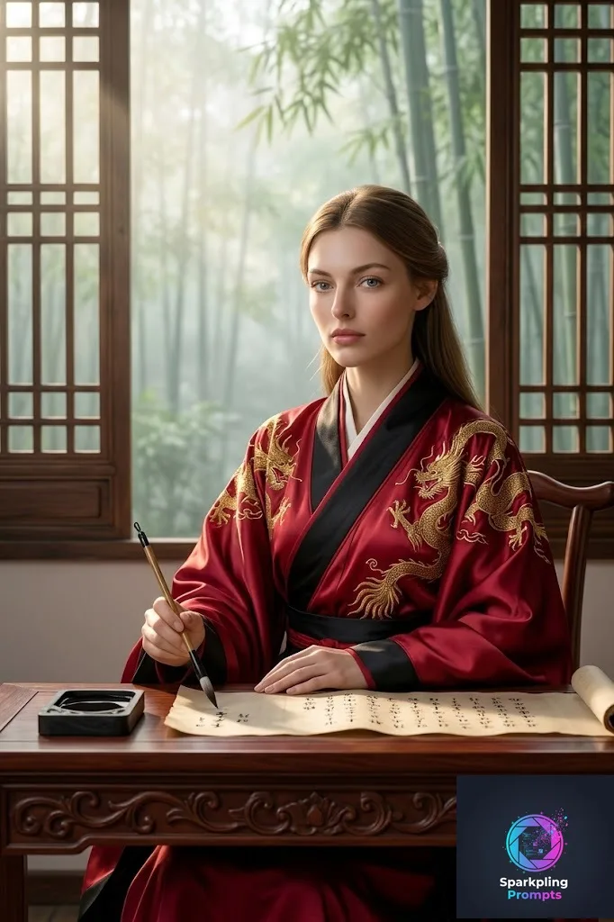A serene, highly detailed portrait of [YOUR_SUBJECT] as an Elite Imperial Scholar of the Ming Dynasty. Dressed in luxurious, flowing silk Hanfu robes in crimson and black with incredibly detailed golden dragon embroidery. Sitting at a carved mahogany desk with ancient parchment, an inkstone, and a calligraphy brush. Soft, ethereal morning sunlight filtering through a traditional wooden lattice window, revealing a misty bamboo forest outside. Serene atmosphere, photorealistic fabric folding, 8k, award-winning historical cinematic still.