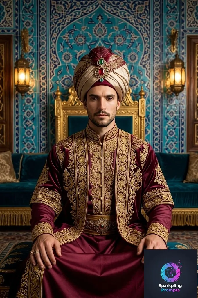 Regal and opulent portrait of [SUBJECT] as a powerful Ottoman Sultan. Wearing a magnificent silk kaftan embroidered with gold thread and a grand turban adorned with a ruby and emerald crest. Sitting in a luxurious palace interior with intricate Iznik tiles. Warm lantern lighting, rich deep colors, hyper-detailed fabric textures, masterpiece.