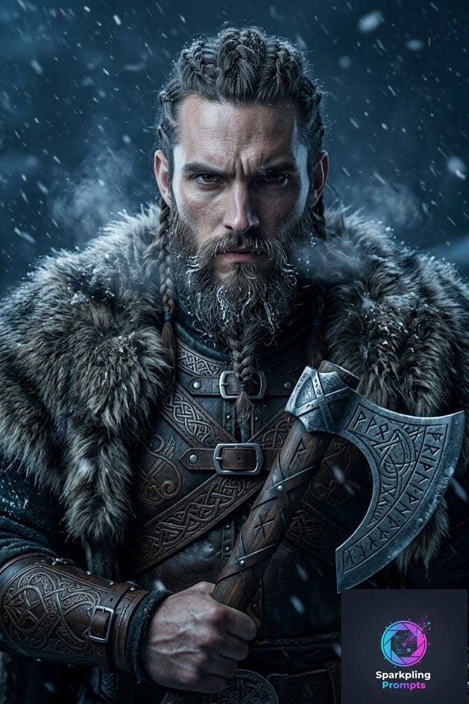 Epic dark historical portrait of [SUBJECT] as a fearsome Viking Jarl. Intricate braided hair and a thick, weather-beaten beard. Wearing heavy fur and engraved leather armor. Holding a rune-carved battle axe. Freezing snowstorm background, breath visible in the cold air. Volumetric cold blue lighting, hyper-realistic skin pores, Unreal Engine 5 render style, masterpiece.