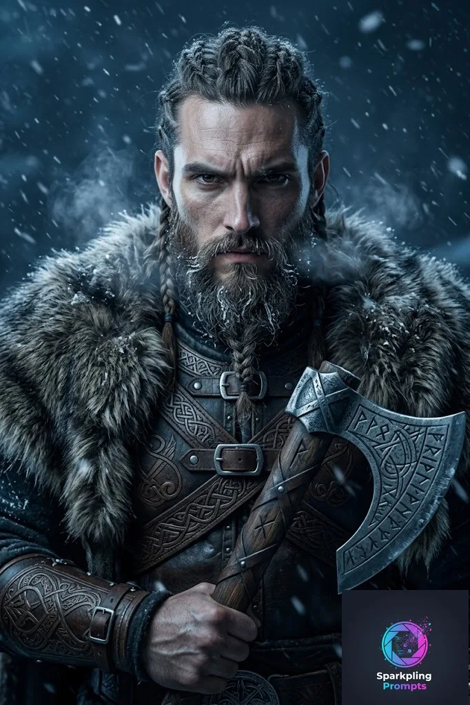 Epic dark historical portrait of [SUBJECT] as a fearsome Viking Jarl. Intricate braided hair and a thick, weather-beaten beard. Wearing heavy fur and engraved leather armor. Holding a rune-carved battle axe. Freezing snowstorm background, breath visible in the cold air. Volumetric cold blue lighting, hyper-realistic skin pores, Unreal Engine 5 render style, masterpiece.