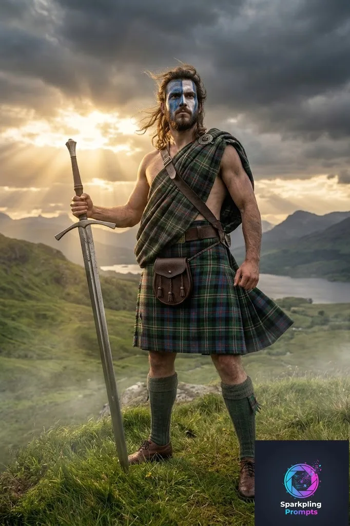 Heroic low-angle portrait of [SUBJECT] as a fearless Scottish Highlander warrior. Wearing a traditional tartan kilt and war paint on the face. Wind blowing fiercely, standing on a misty, lush green highland cliff. Holding a massive claymore sword. Golden hour lighting piercing through dark, stormy clouds. Ultra-detailed, photorealistic, epic scale.