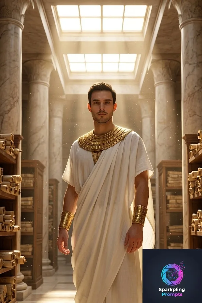 A breathtaking, ethereal portrait of [YOUR_SUBJECT] as the Grand Archivist of the legendary Library of Alexandria. Dressed in immaculate, flowing white Egyptian linen with heavy, ornate solid gold collars and cuffs. Standing amidst colossal, sunlit marble pillars and thousands of ancient papyrus scrolls. Golden hour sunlight pouring through massive ceiling skylights, catching millions of floating dust motes in the air. Soft, volumetric god-ray lighting, photorealistic fabric draping and subsurface scattering on the skin, serene and majestic atmosphere, 8k.