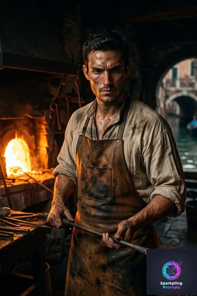 A moody, dramatic portrait of [YOUR_SUBJECT] as a Master Glassblower in 15th-century Renaissance Venice. Wearing a heavy, scorch-marked leather apron over a loose linen Renaissance shirt. The face is intensely illuminated by the blinding, warm orange glow of a roaring glass furnace. Holding a long iron blowpipe with glowing molten glass. Deep shadows, Chiaroscuro lighting inspired by Caravaggio, hyper-realistic sweat and soot details on the skin, cinematic 35mm photography, 8k, highly atmospheric.