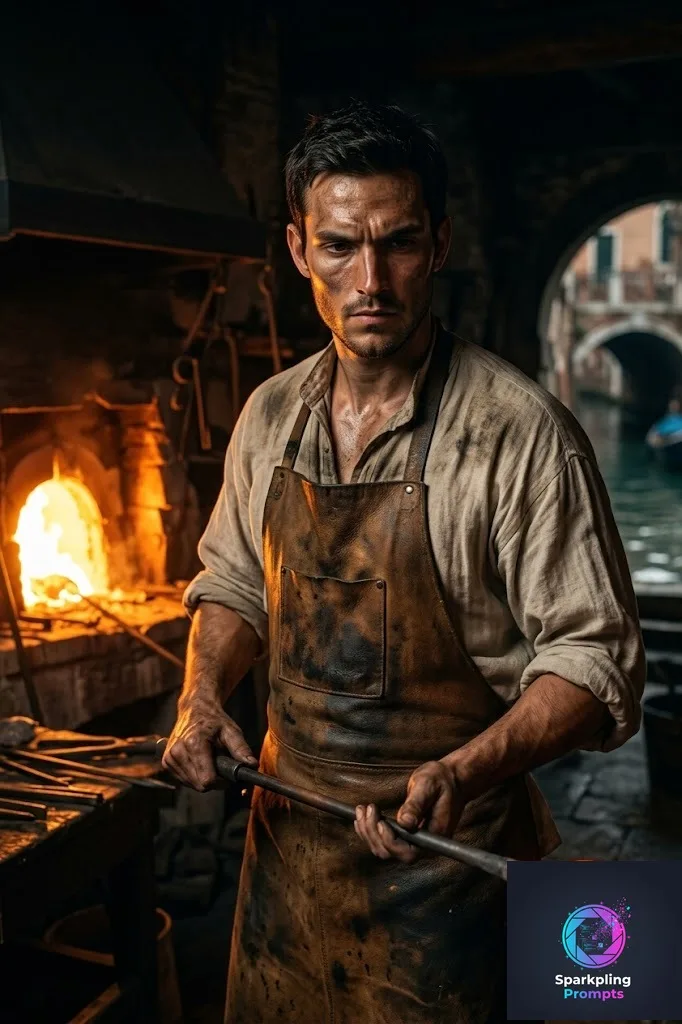 A moody, dramatic portrait of [YOUR_SUBJECT] as a Master Glassblower in 15th-century Renaissance Venice. Wearing a heavy, scorch-marked leather apron over a loose linen Renaissance shirt. The face is intensely illuminated by the blinding, warm orange glow of a roaring glass furnace. Holding a long iron blowpipe with glowing molten glass. Deep shadows, Chiaroscuro lighting inspired by Caravaggio, hyper-realistic sweat and soot details on the skin, cinematic 35mm photography, 8k, highly atmospheric.