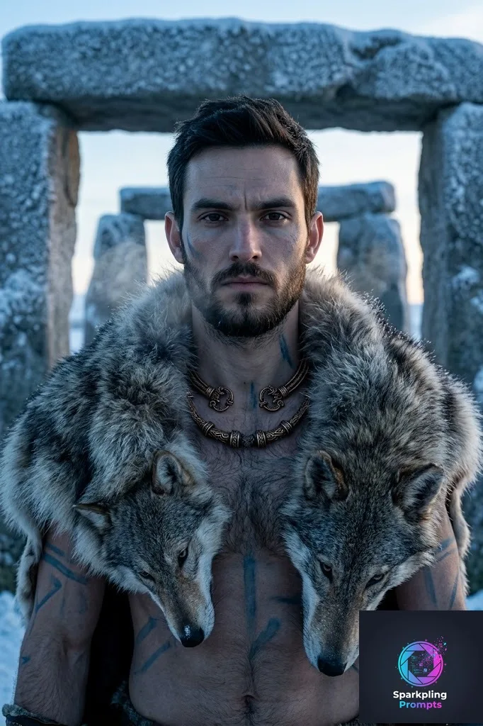 A rugged, epic portrait of [YOUR_SUBJECT] as an Ancient Celtic Chieftain during the Winter Solstice. Wearing a thick, hyper-realistic dire wolf pelt draped over the shoulders and intricate bronze Torc jewelry around the neck. Subtle blue woad tribal markings painted on the skin. Standing inside a massive, ancient stone circle covered in frost. Early morning dawn lighting casting a cold, mystical blue and gold hue across the scene. Breath visible in the freezing air, extreme micro-details on fur and frost, 8k, historical epic film style.