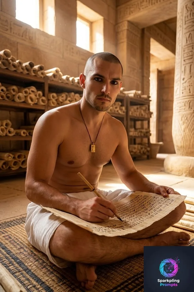 Intellectual portrait of [SUBJECT] as an Ancient Egyptian Royal Scribe, sitting cross-legged with a papyrus scroll and a reed pen. Surrounded by ancient scrolls in a grand, sunlit sandstone library. Warm, inviting lighting, sharp focus on the face, hyper-realistic textures of the papyrus and skin, 8k.