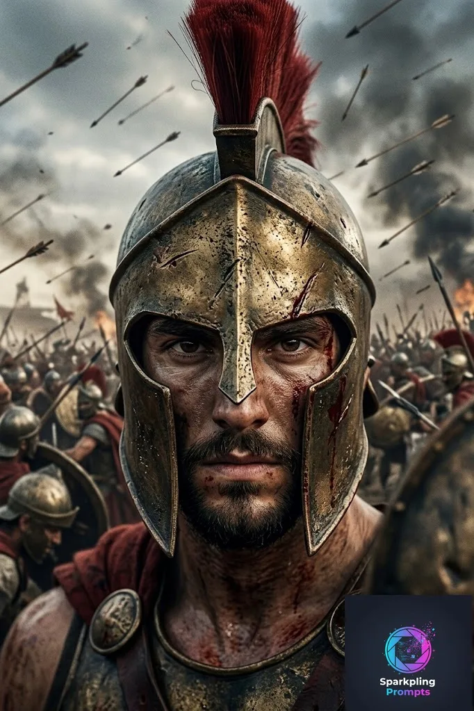 Cinematic masterpiece portrait of [SUBJECT] as a battle-hardened Spartan King. Wearing a battle-scarred bronze Corinthian helmet with a crimson crest. Blood and dirt on hyper-detailed skin. Intense, fearless gaze. Background of a massive ancient battle with raining arrows. Shot on ARRI Alexa 65, 35mm lens, gritty cinematic color grading, dramatic chiaroscuro lighting, 8k, photorealistic.