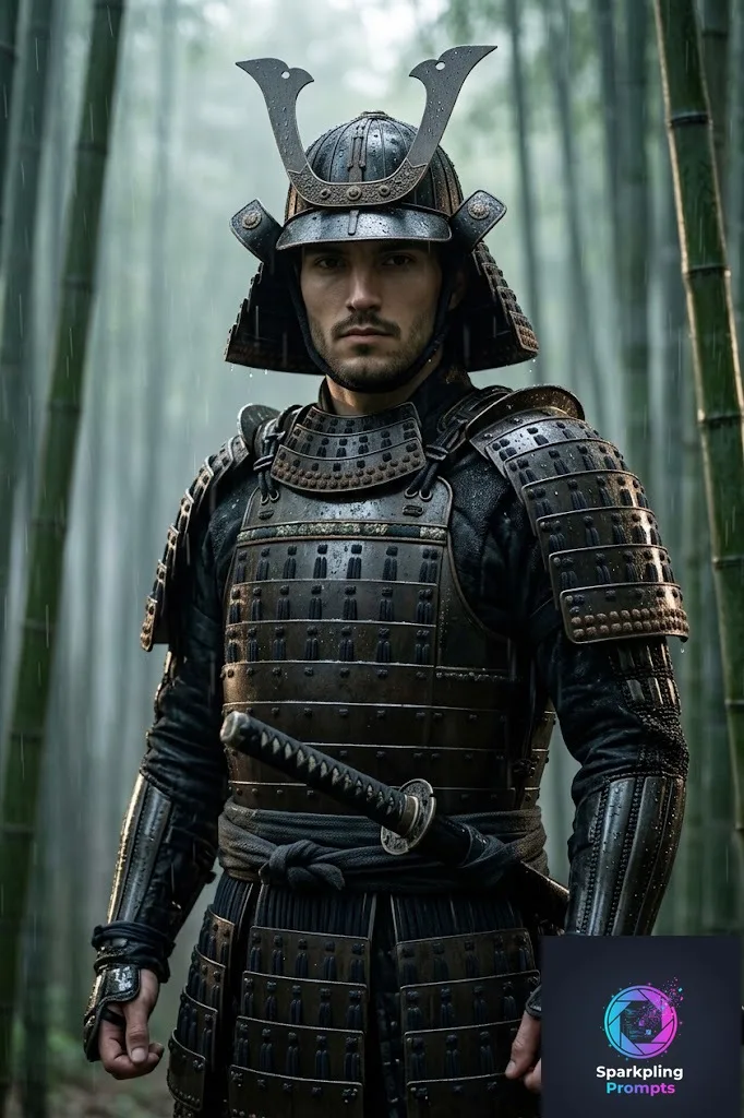 Atmospheric mood portrait of [SUBJECT] as a legendary wandering Samurai (Ronin). Wearing ornate, dark iron traditional Japanese armor (Yoroi). Standing in a misty bamboo forest during a light rain. Raindrops bouncing off the armor, soft rim lighting, hyper-detailed reflections, cinematic depth of field, 8k resolution, stoic expression.
